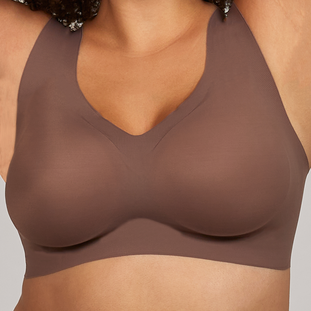 Taupe V-neck lift bra with wide straps and smooth molded cups