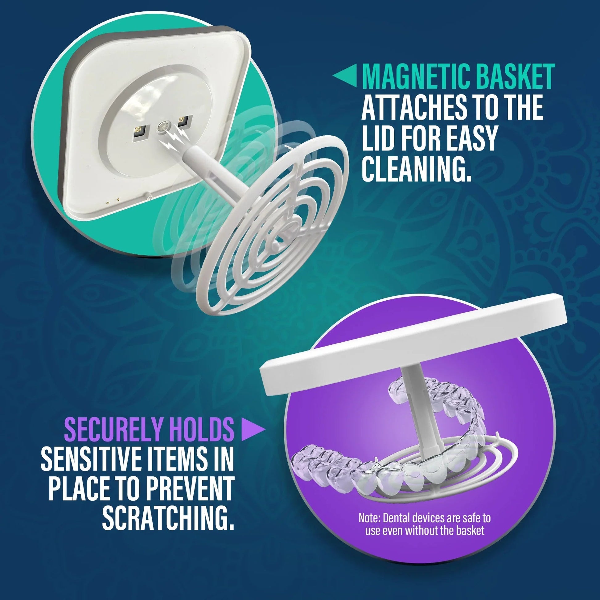 Ultrasonic cleaning pod with magnetic basket attachment to hold dental items, white unit.