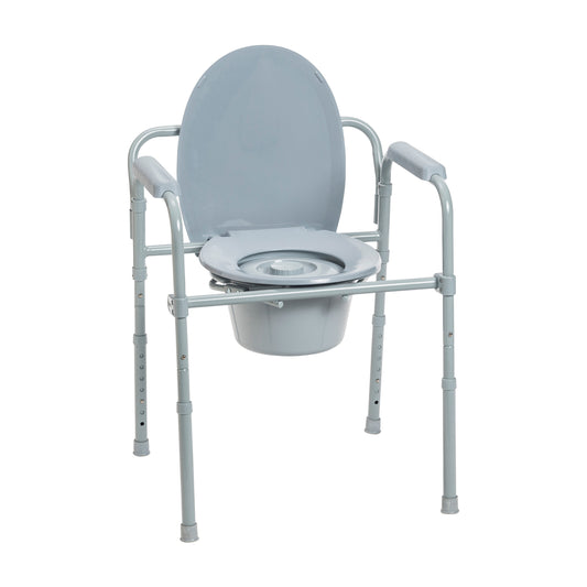 Steel folding frame commode chair with padded back and removable toilet seat