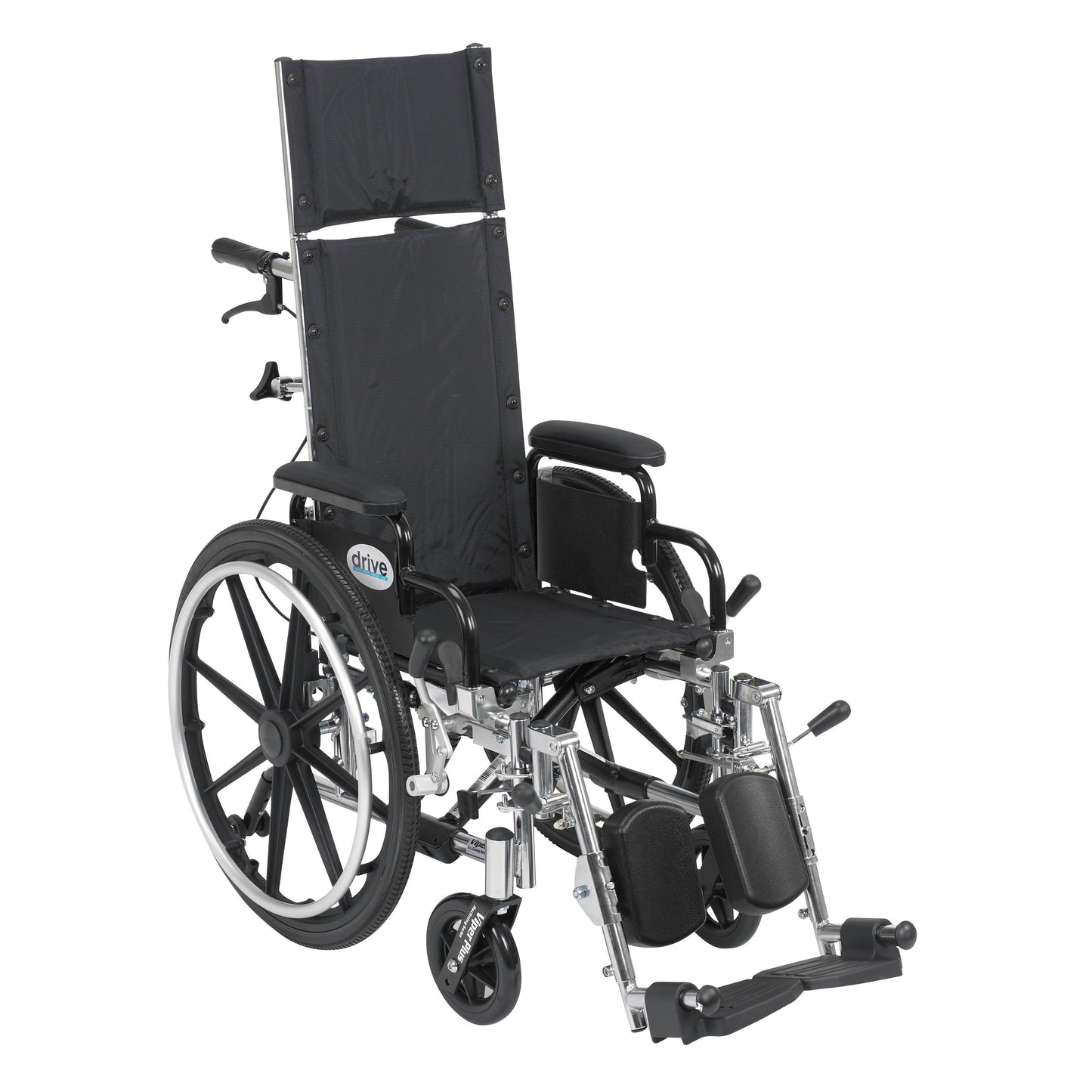 Black reclining wheelchair with elevating leg rests and flip-back detachable arms