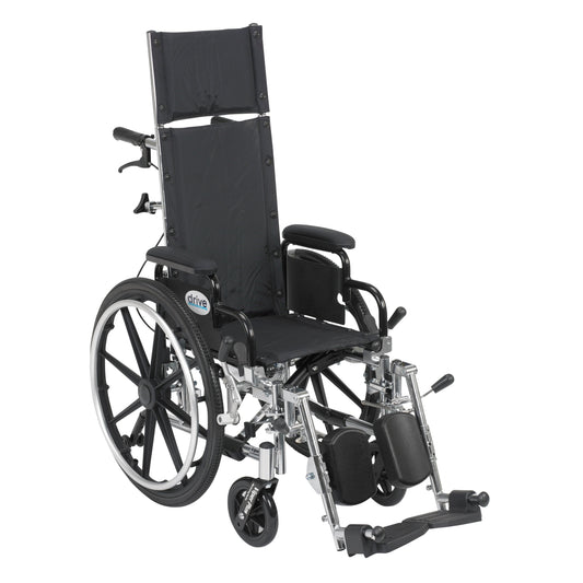 Black reclining wheelchair with elevating leg rests and flip-back detachable arms