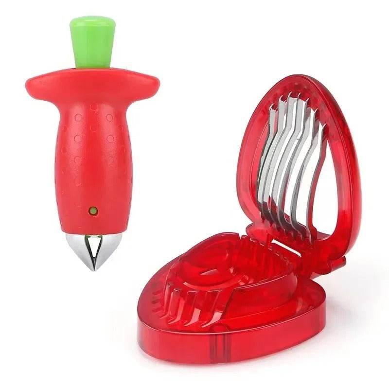 Red vegetable peeler with a green handle on a white background