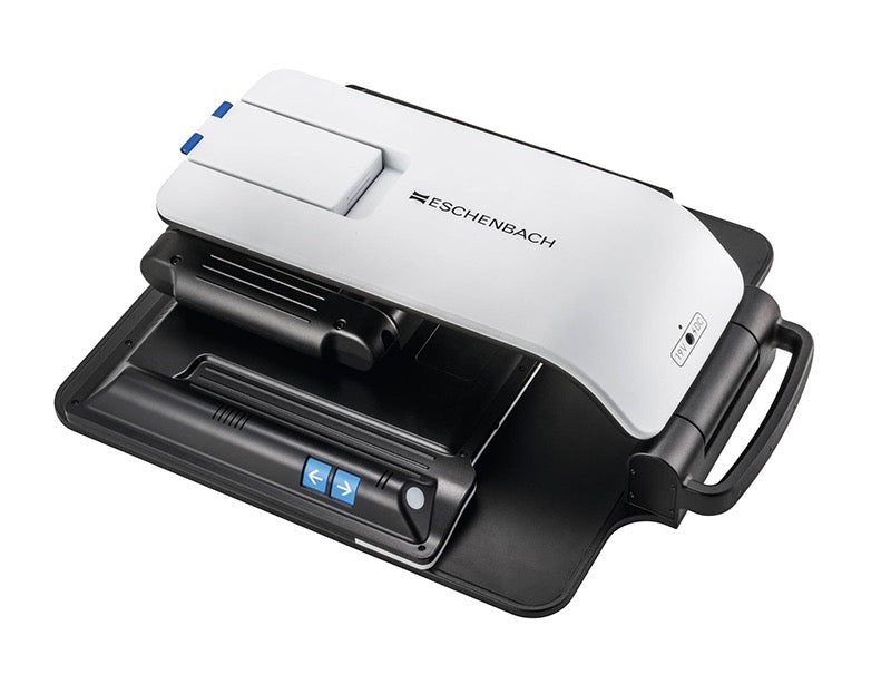 Digital magnifier unit in black and white with open lens tray and control panel