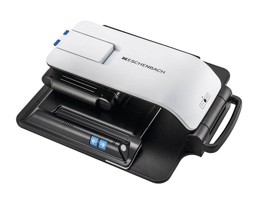 Digital magnifier unit in black and white with open lens tray and control panel