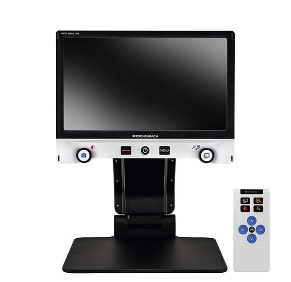 Digital magnifier with angled stand, large screen, and remote control at right