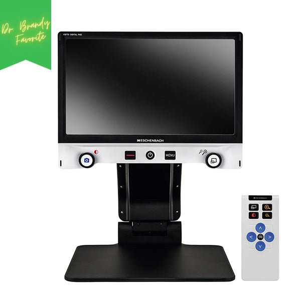Vario digital magnifier with display screen, tabletop base, and handheld remote controls
