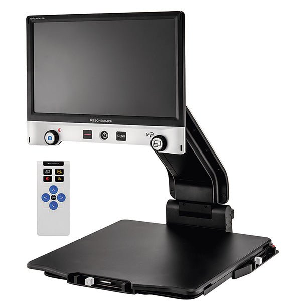 Digital magnifier with raised screen and fold-out platform, plus remote control