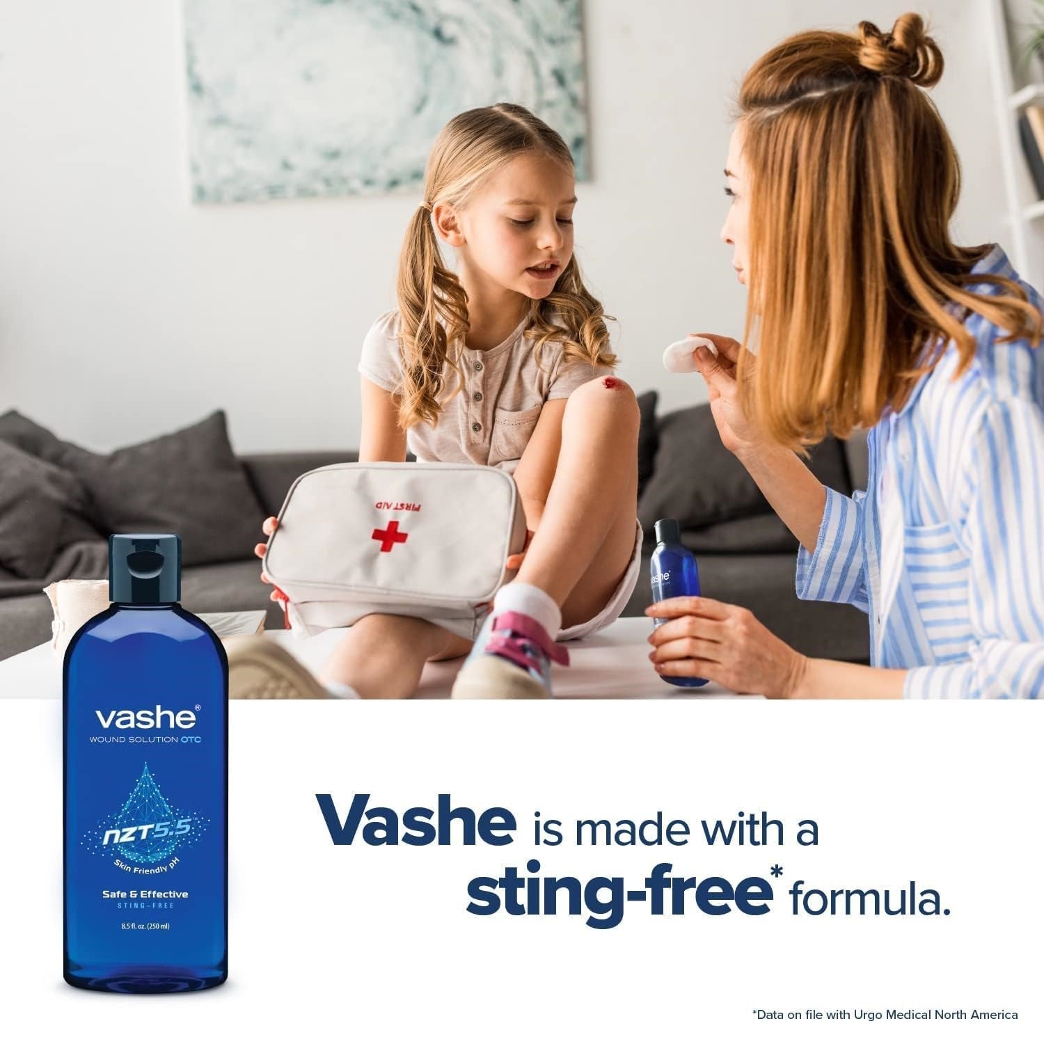 Blue Vashe wound cleanser bottle with black cap, home care setting