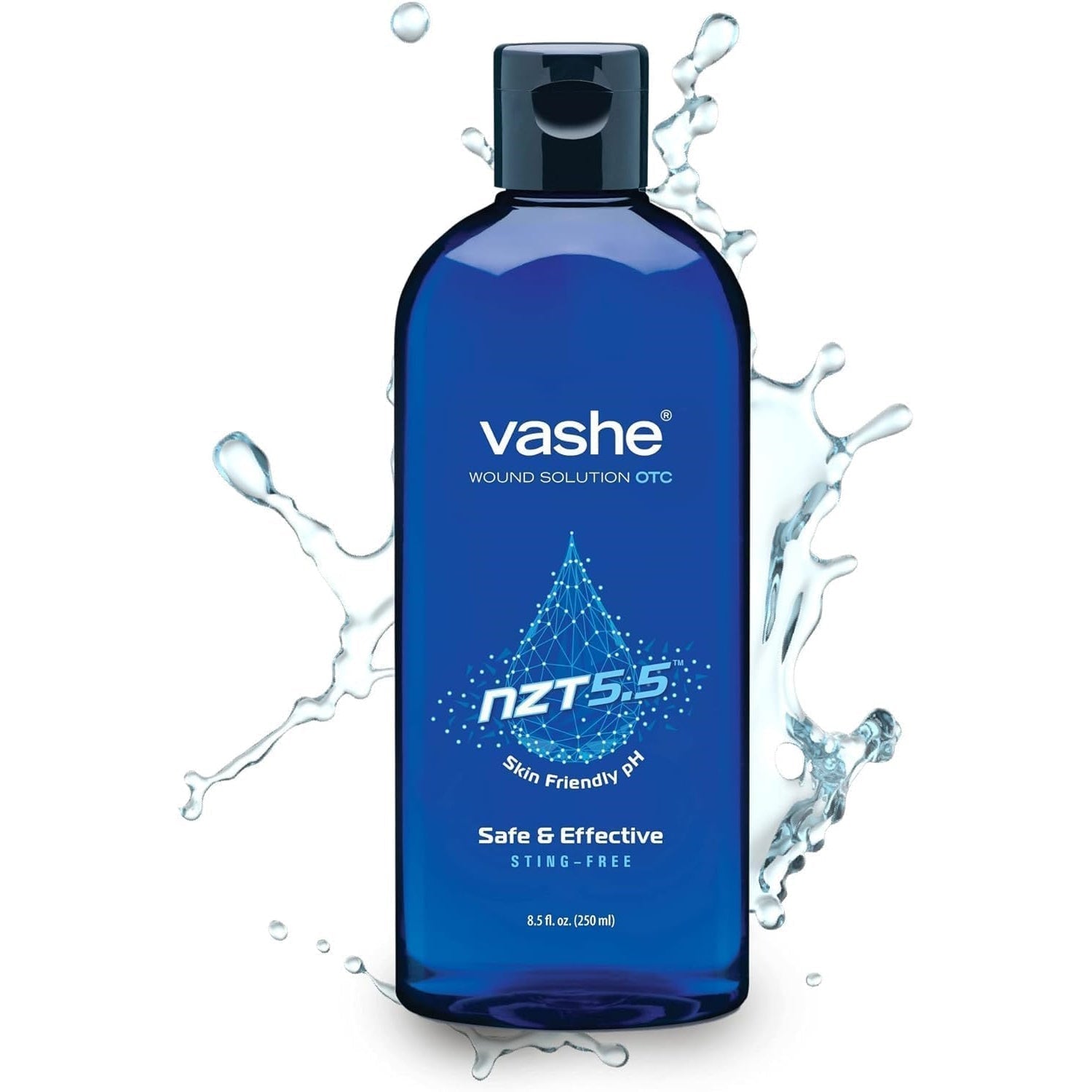 Vashe wound cleanser bottle 8.5 fl oz (250 mL), blue bottle, black cap