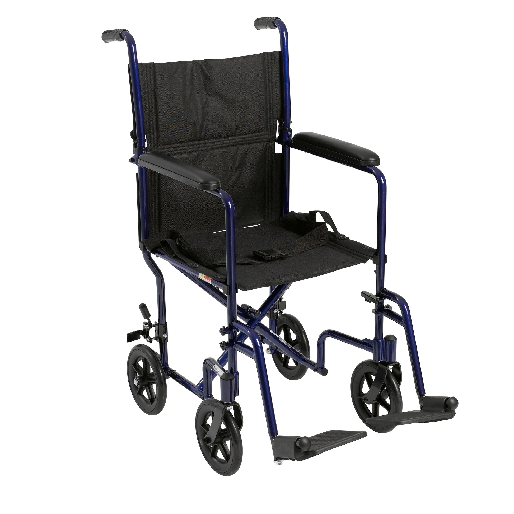 Blue transport wheelchair with black padded seat, backrest, and armrests