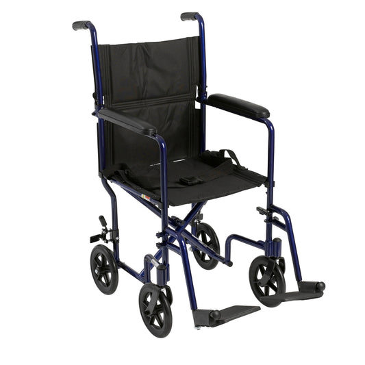 Blue transport wheelchair with black padded seat, backrest, and armrests