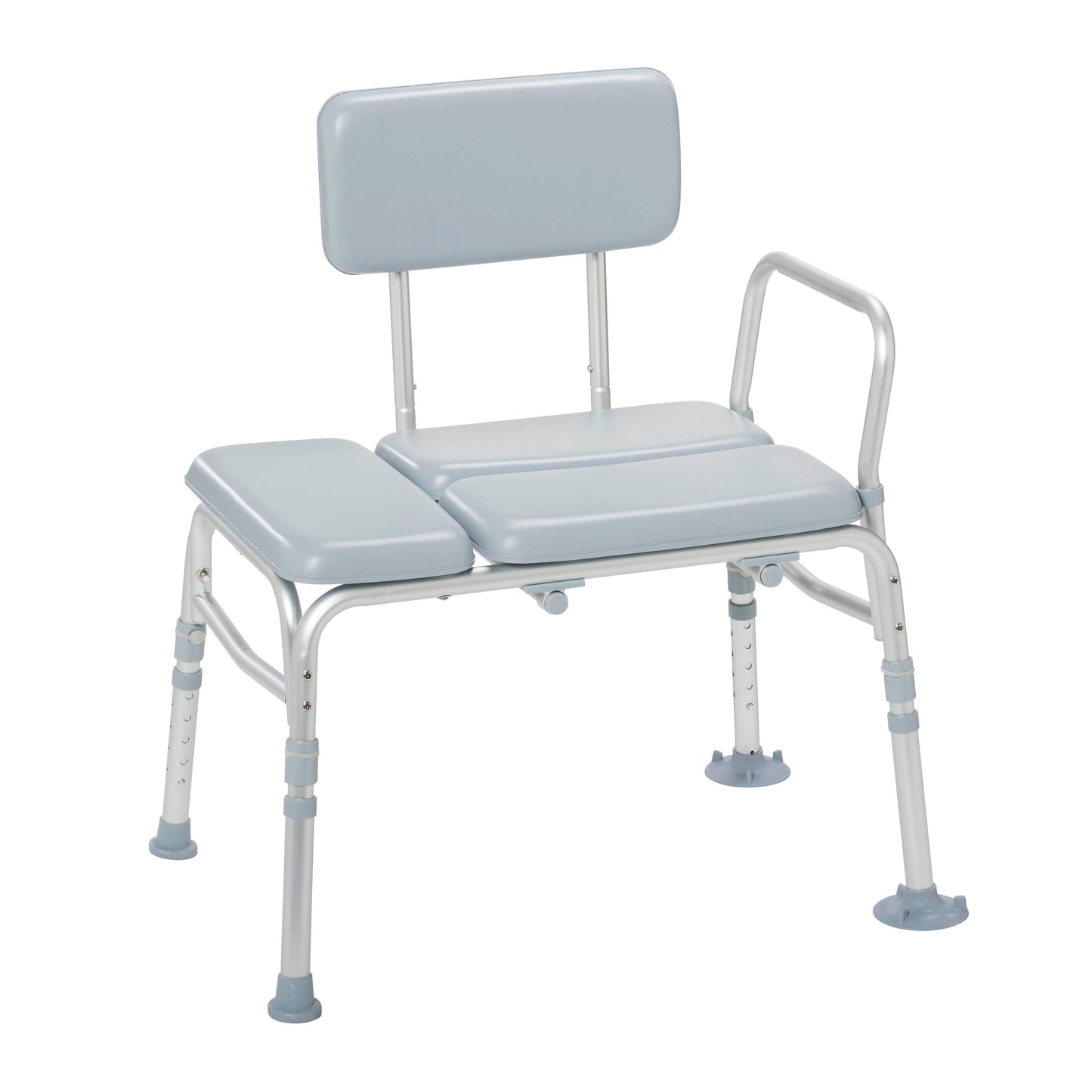 Padded transfer bench with light blue seat cushion, backrest, and side support handles
