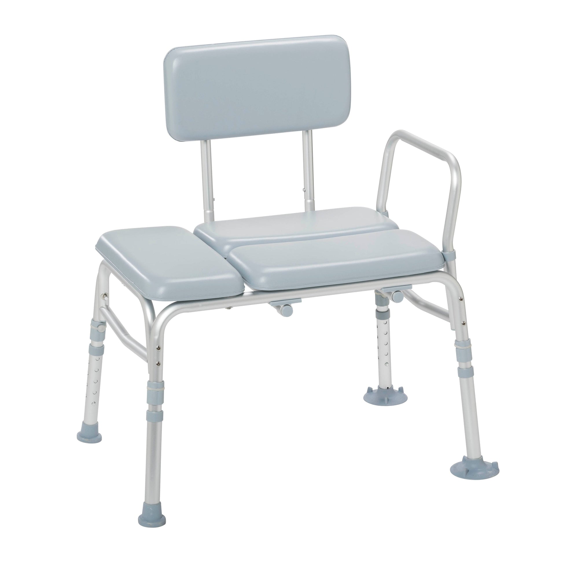 Padded transfer bench with light blue seat cushion, backrest, and side support handles