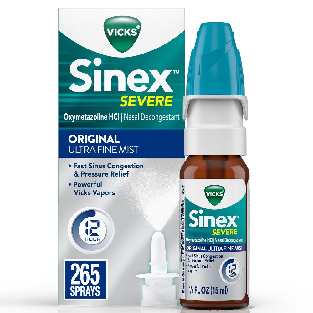 Vicks Sinex Severe nasal decongestant spray box and brown bottle with blue cap