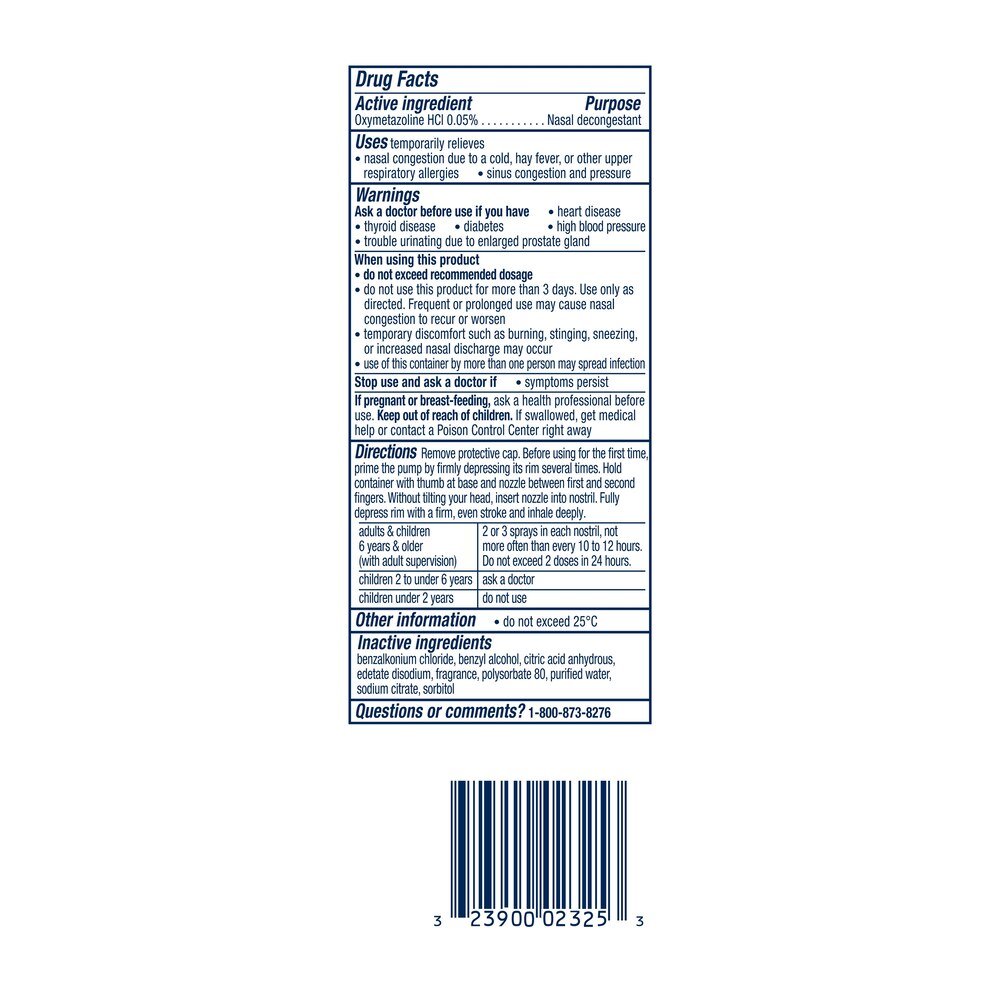 Drug Facts panel on Sinex Severe nasal decongestant spray carton label