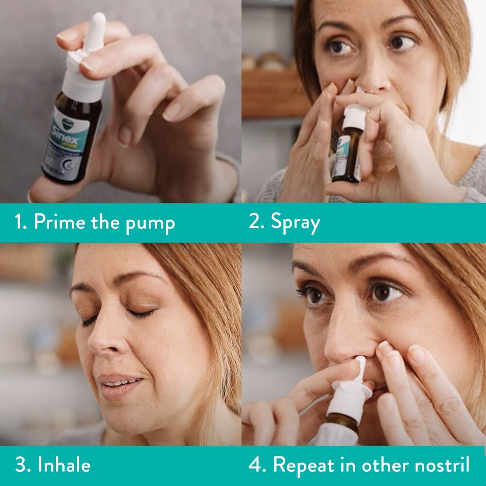 Sinex Severe nasal spray bottle held ready for application, white tip