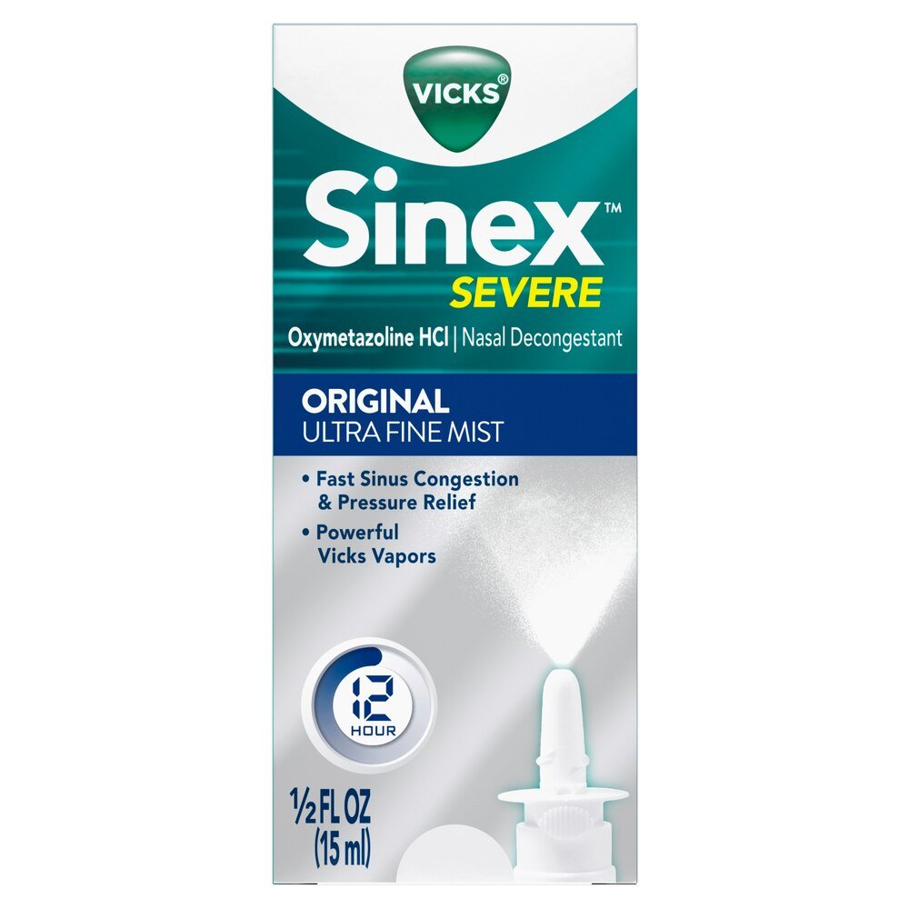 Sinex Severe nasal decongestant spray carton, original ultra fine mist label
