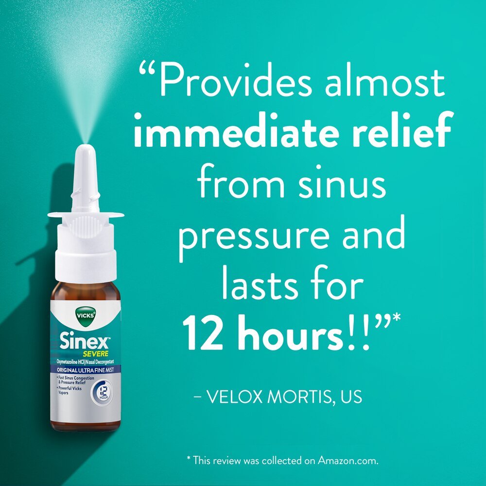 Sinex Severe nasal decongestant spray bottle with white pump sprayer