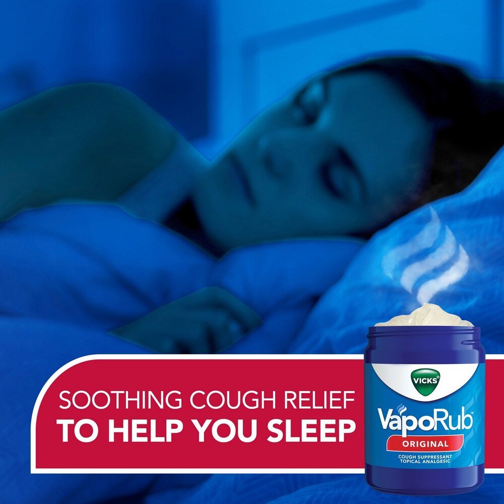 VapoRub Original ointment jar beside soothing cough relief sleep message