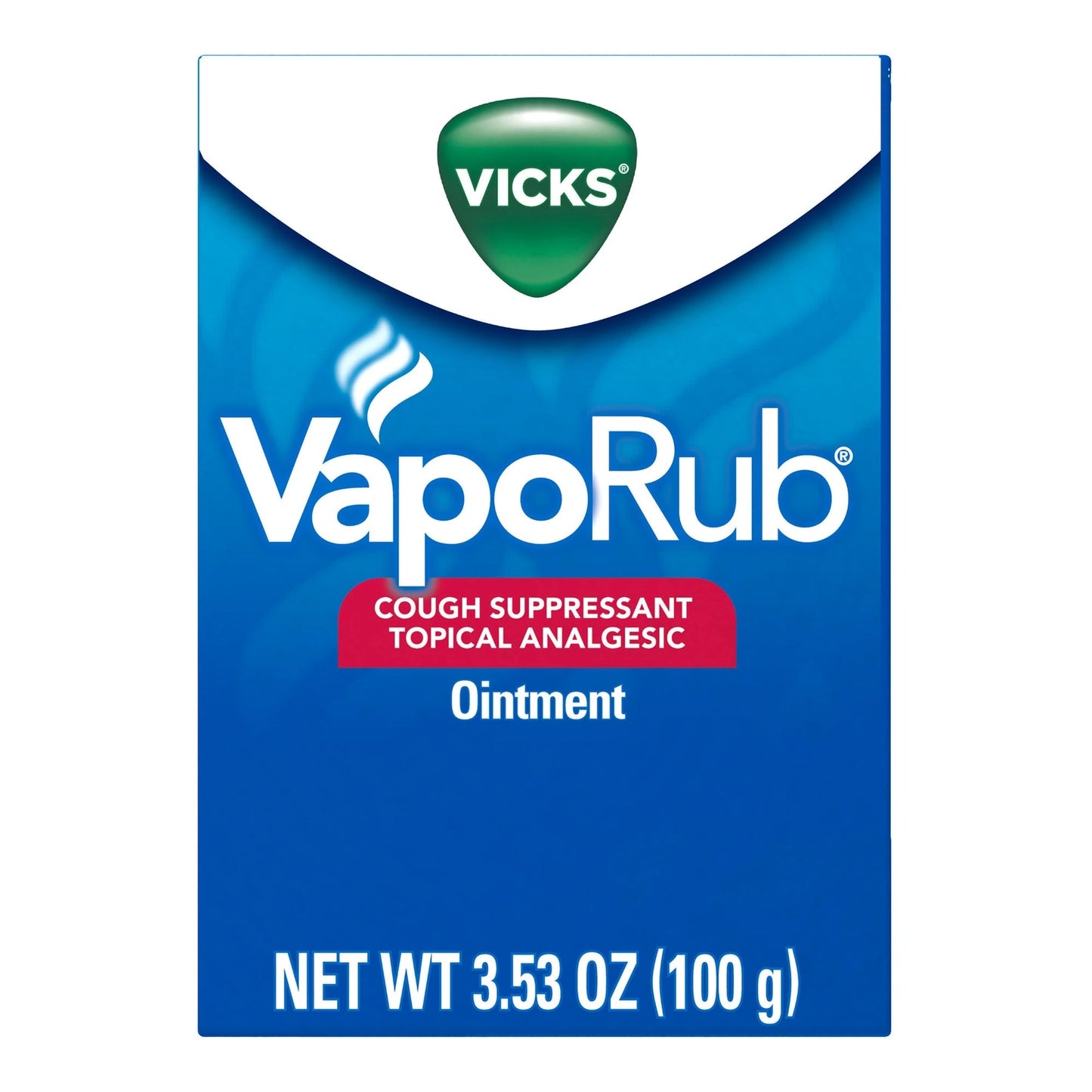 VapoRub ointment box, cough suppressant topical analgesic, net wt 3.53 oz (100 g)