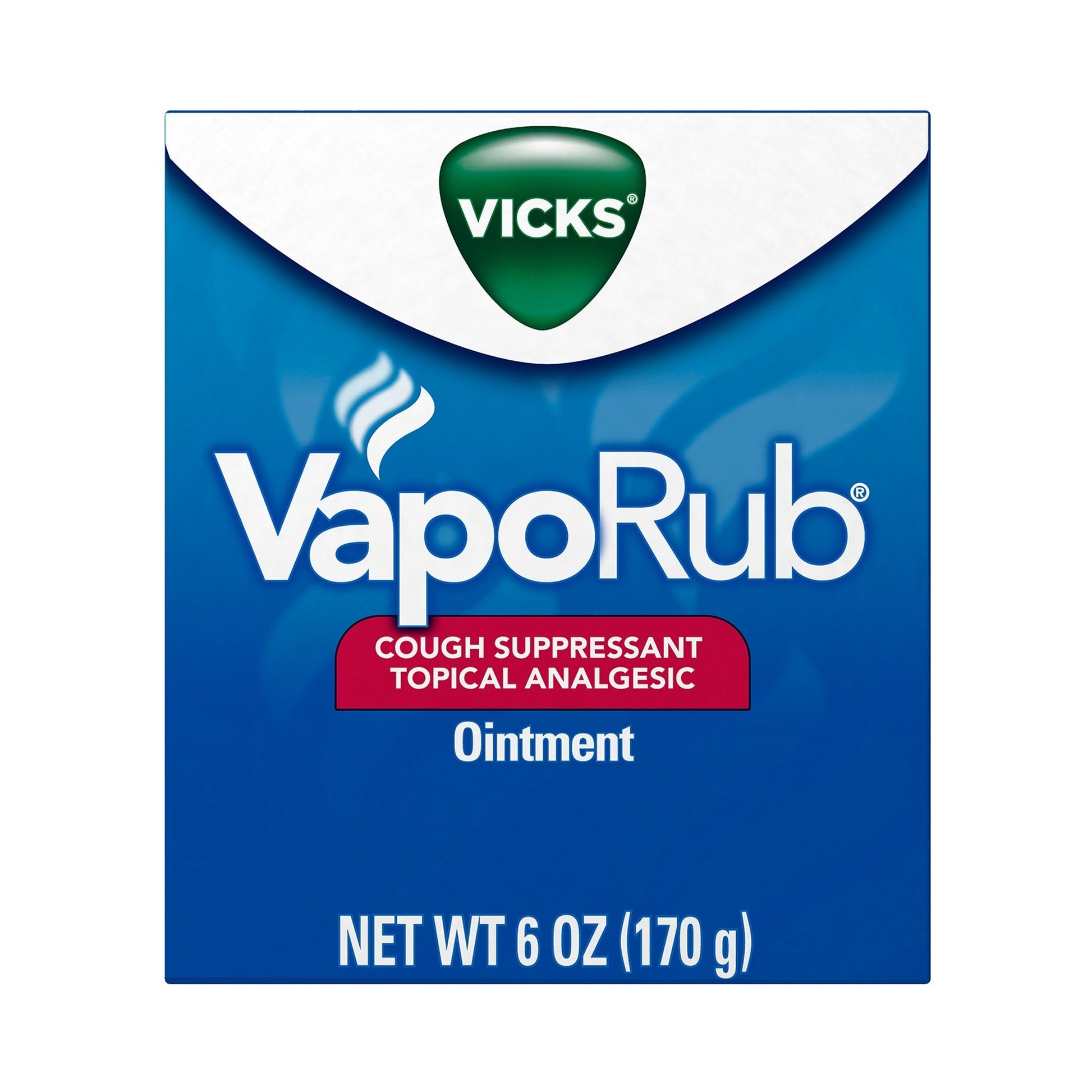 VapoRub ointment box, cough suppressant topical analgesic, net wt 6 oz (170 g)