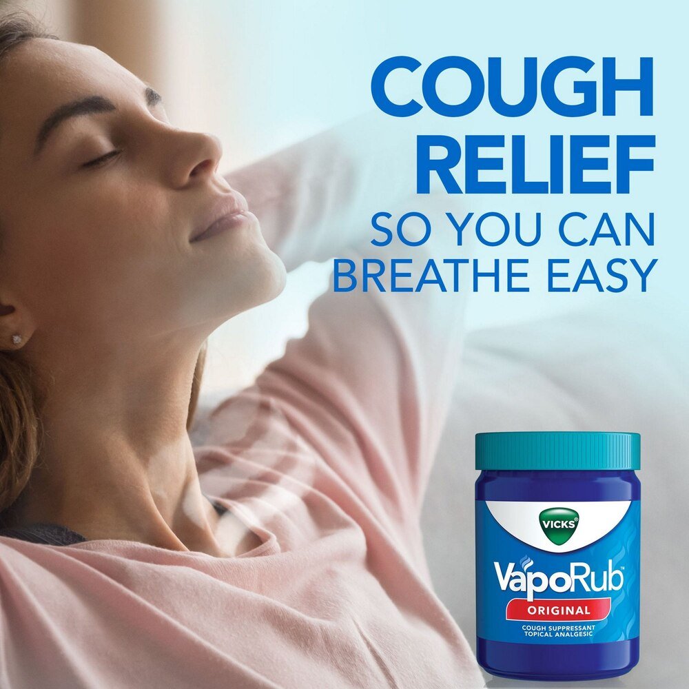 VapoRub Original ointment jar with lid, cough relief message on packaging