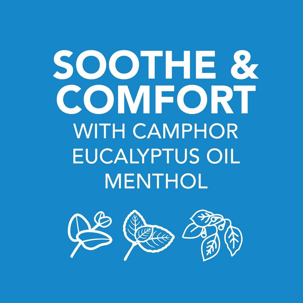 Soothe & comfort with camphor, eucalyptus oil, menthol; leaf icons
