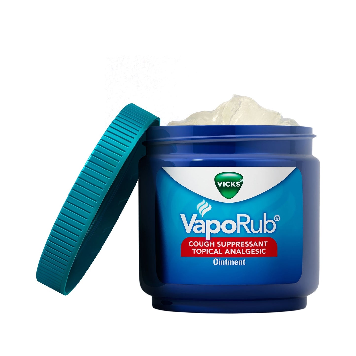 VapoRub ointment jar with teal applicator and visible ointment