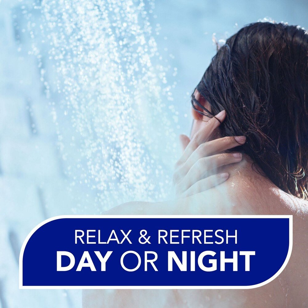 VapoShower card reading “Relax & Refresh Day or Night” over shower spray