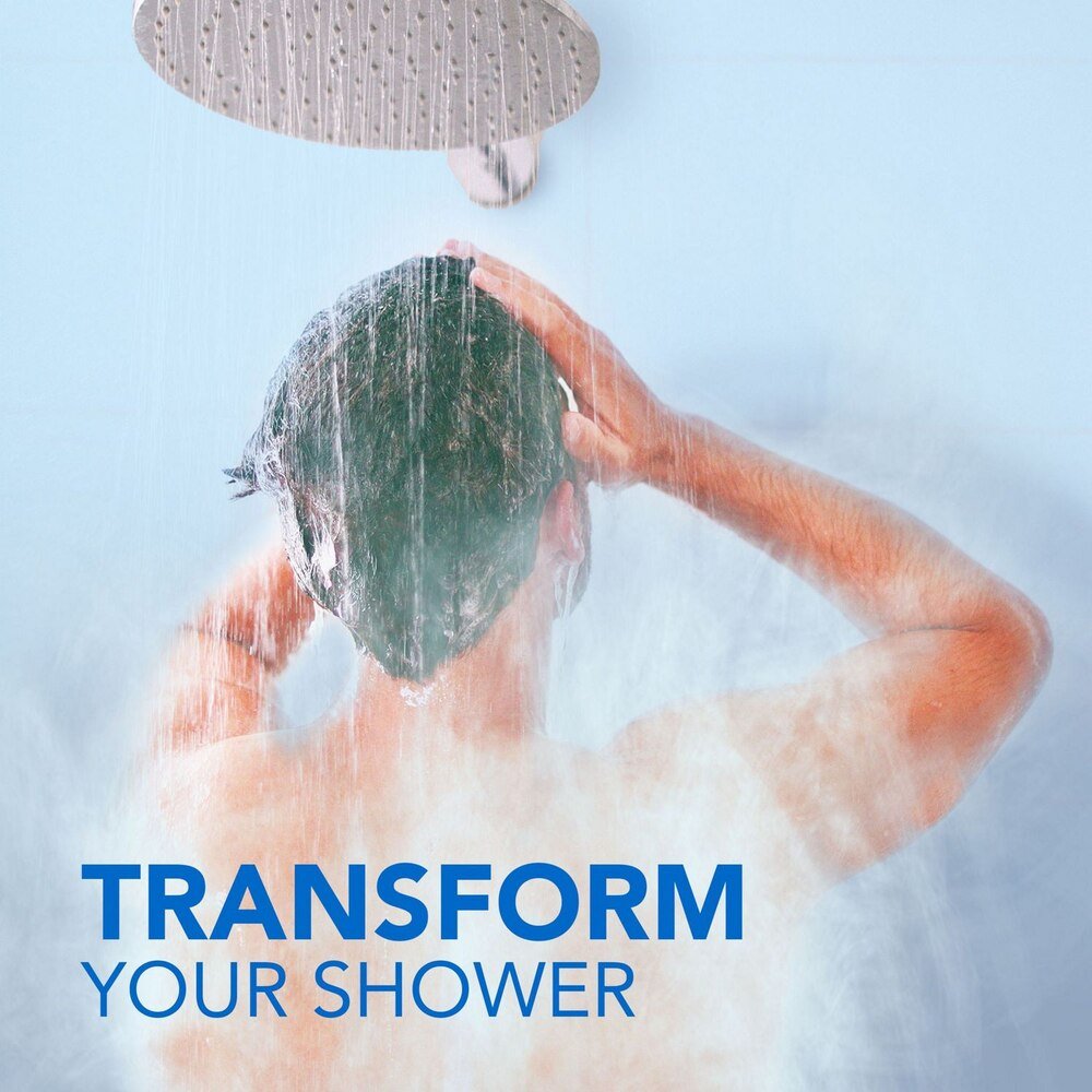 VapoShower card reading “Transform Your Shower” above dissolving shower tablet
