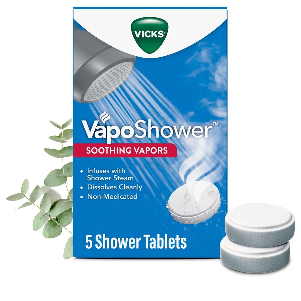 VapoShower soothing vapors box with 5 shower tablets and shower steam dispenser imagery