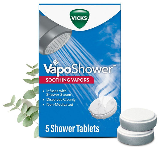VapoShower soothing vapors box with 5 shower tablets and shower steam dispenser imagery