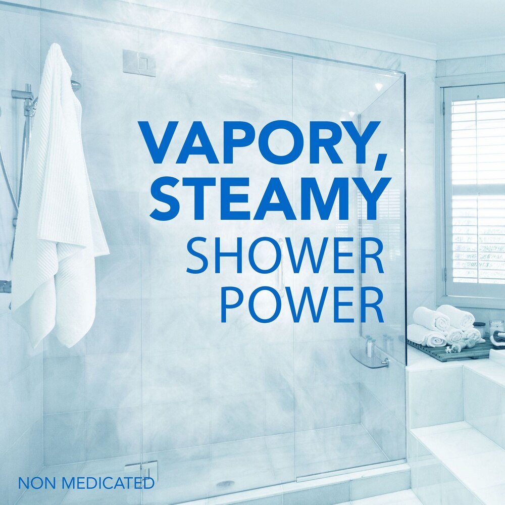 VapoShower label reading “VAPORY, STEAMY SHOWER POWER” with “NON MEDICATED”