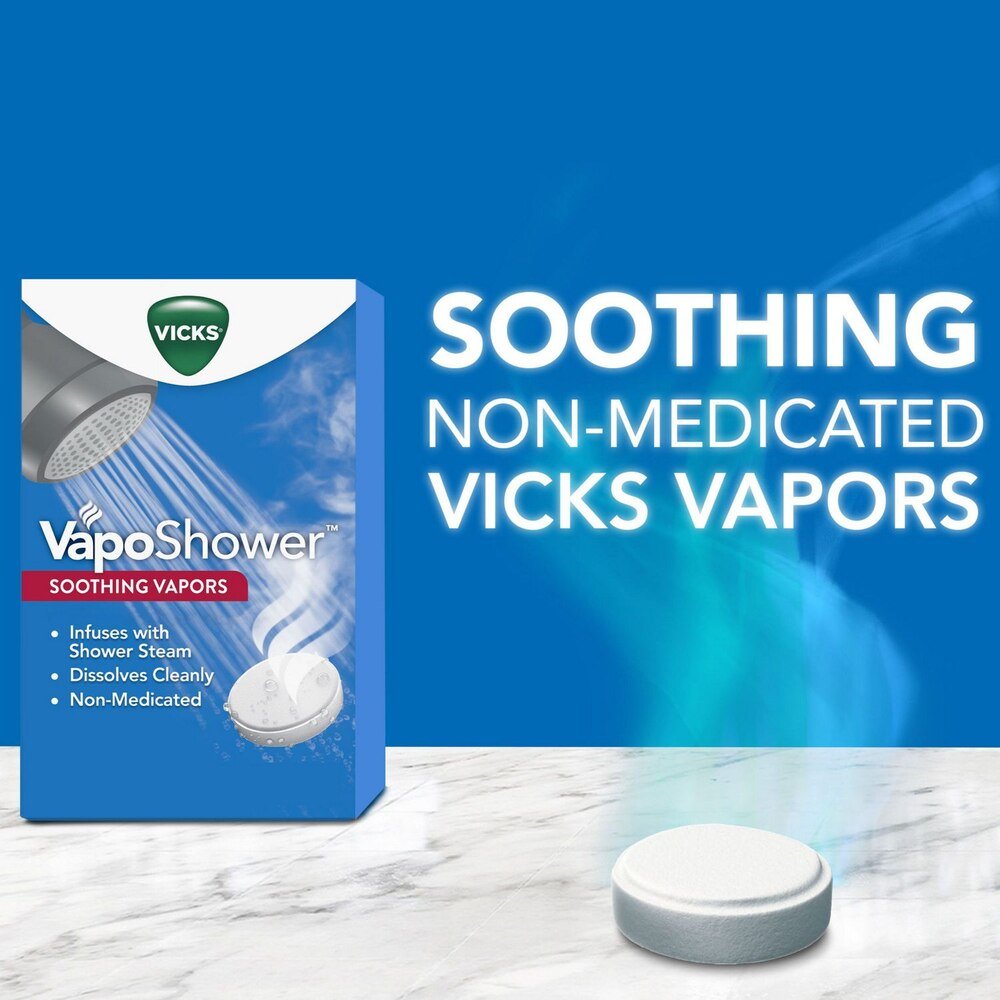 VapoShower soothing vapors box and single shower tablet with “Soothing Non-Medicated” text