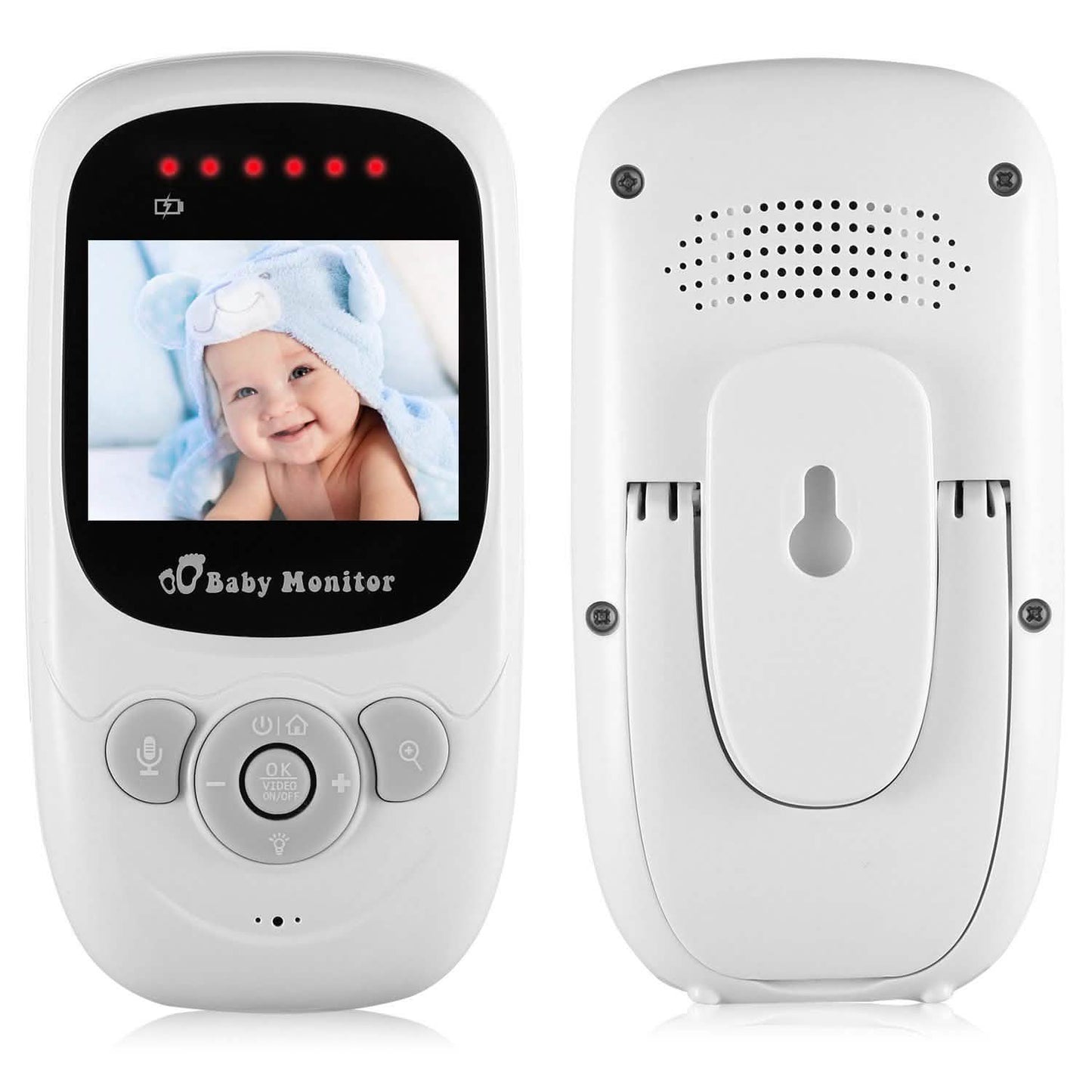 White video baby monitor rear unit with speaker grille and wall-stand base