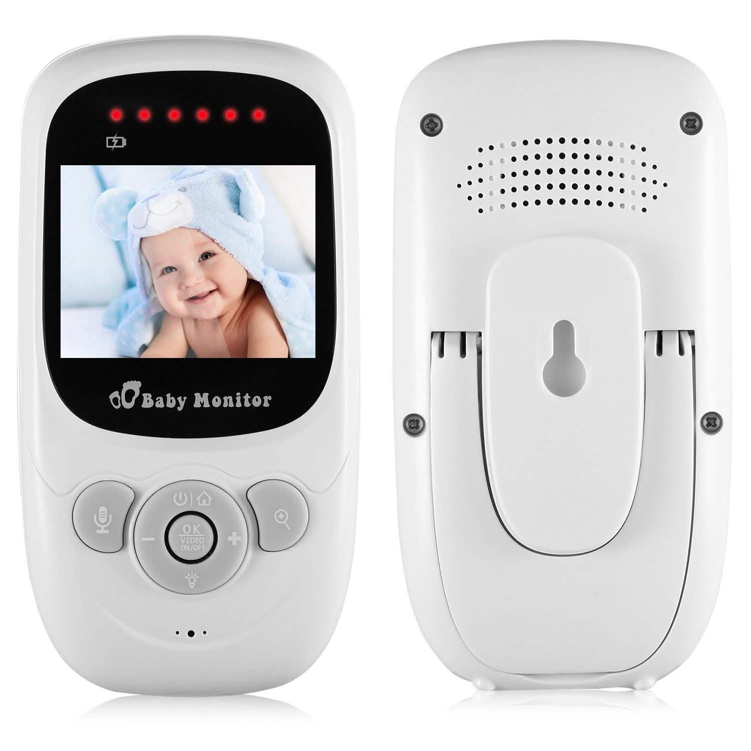 White video baby monitor rear unit with speaker grille and wall-stand base