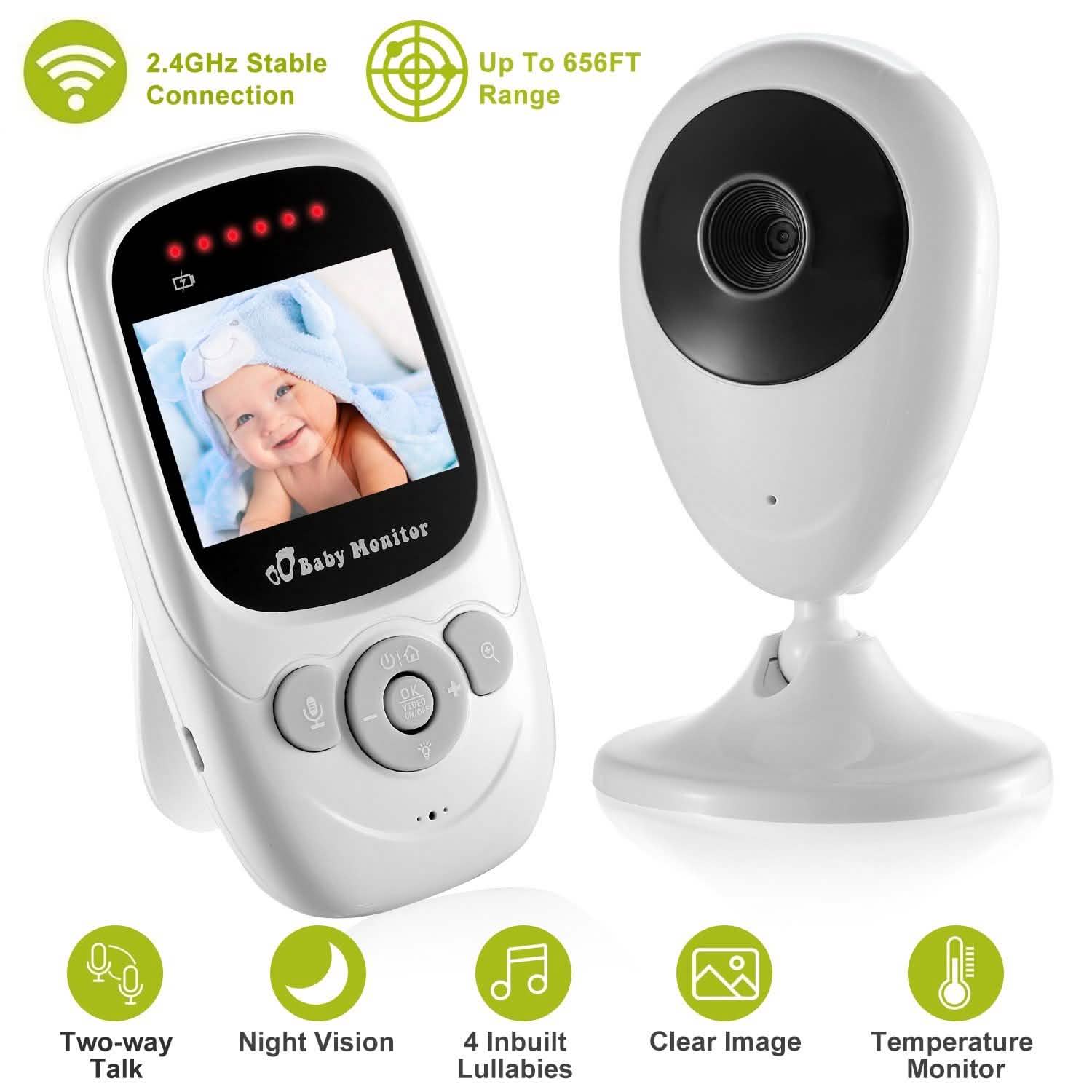 White baby video monitor set: handheld parent unit with screen and separate camera unit