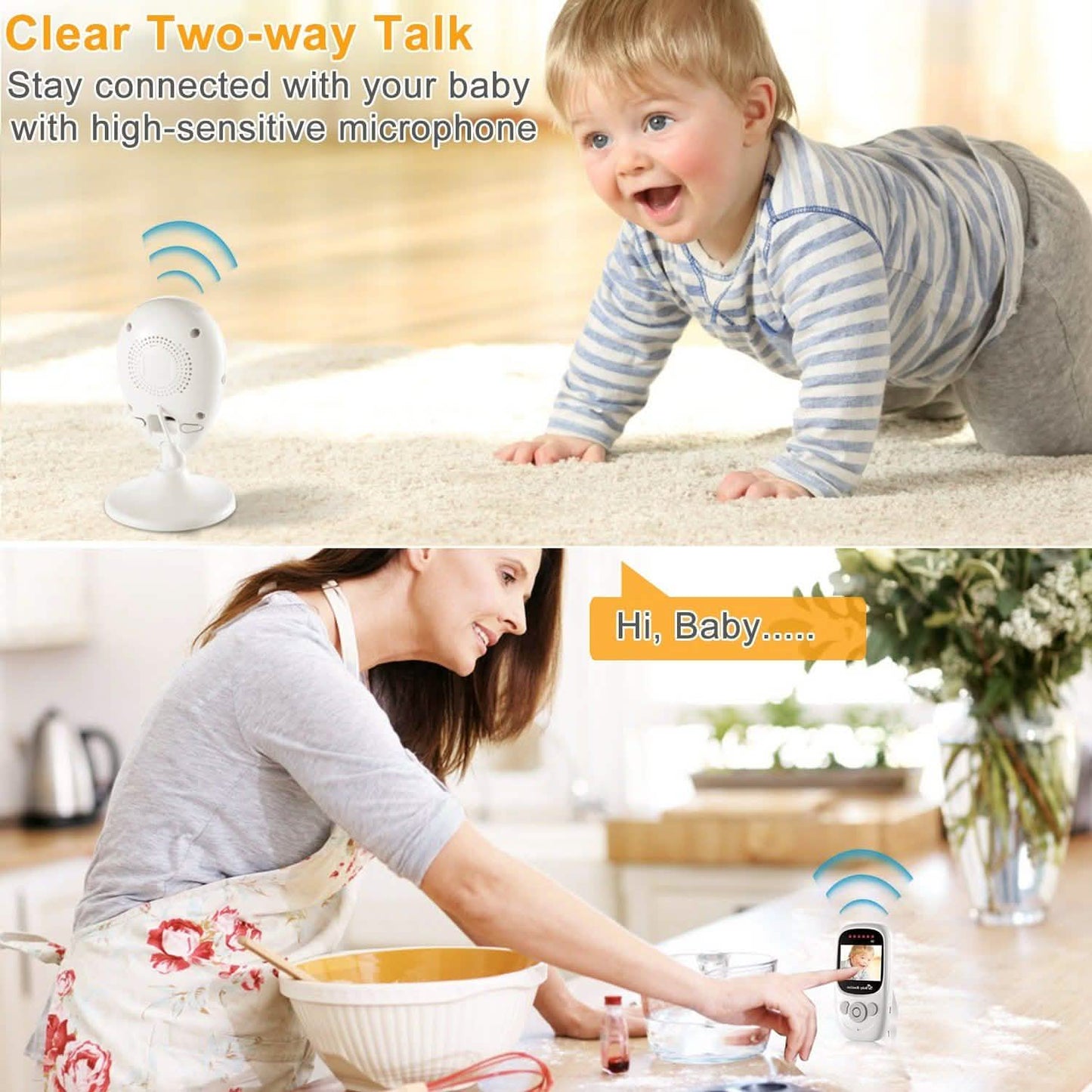 White baby video monitor setup with handheld parent unit and camera on table stand