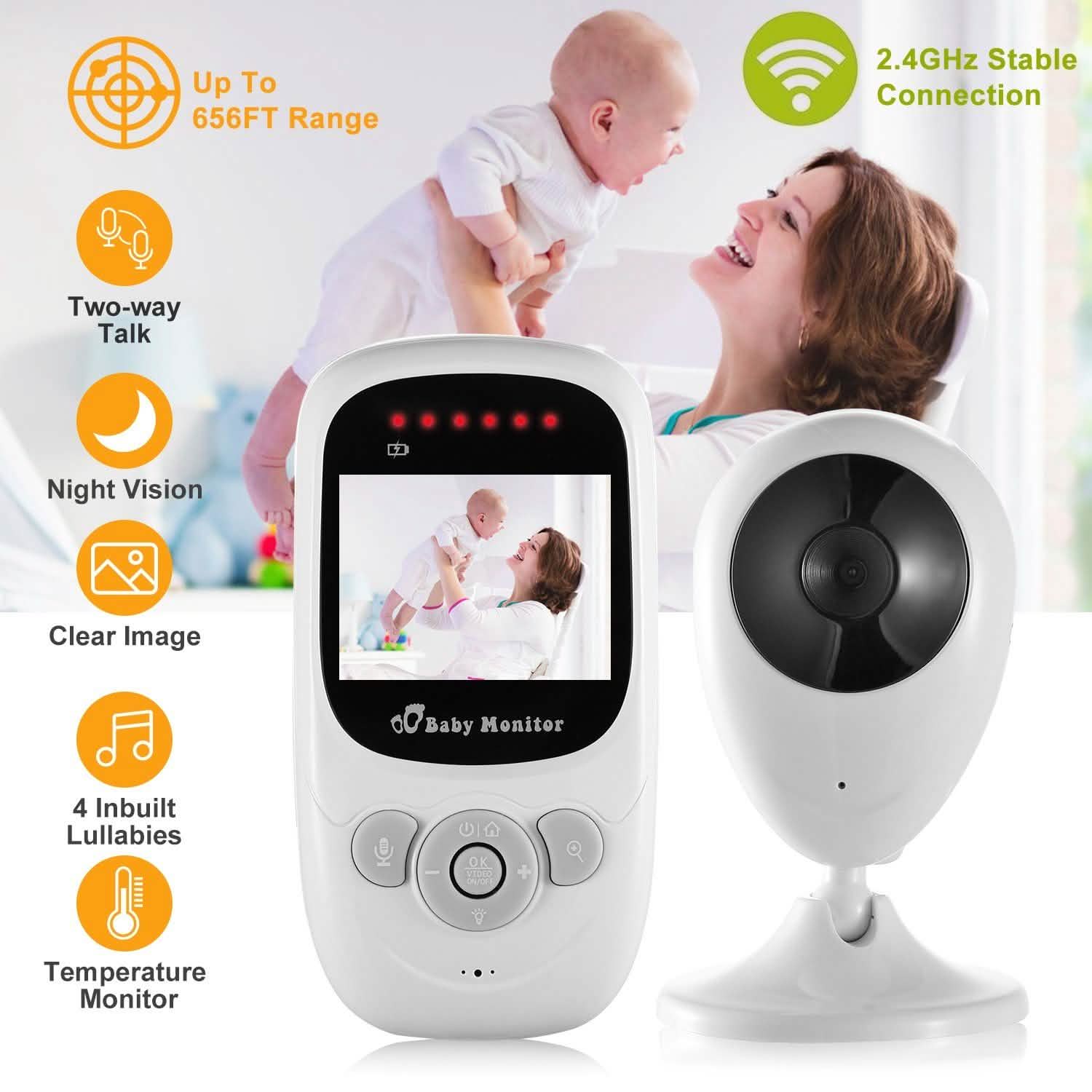 White video baby monitor set with handheld screen unit and desk-mounted camera