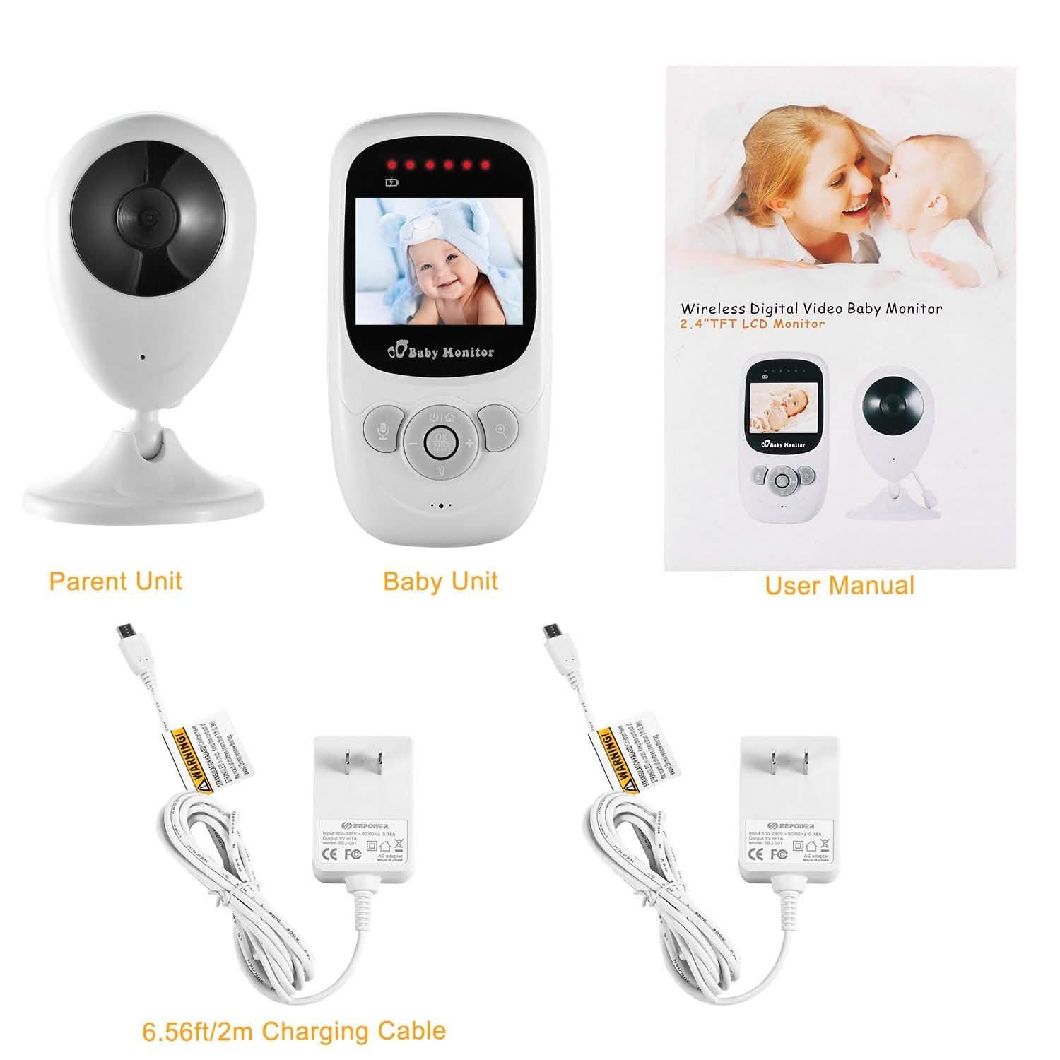White baby video monitor kit with handheld parent unit and camera unit on stand