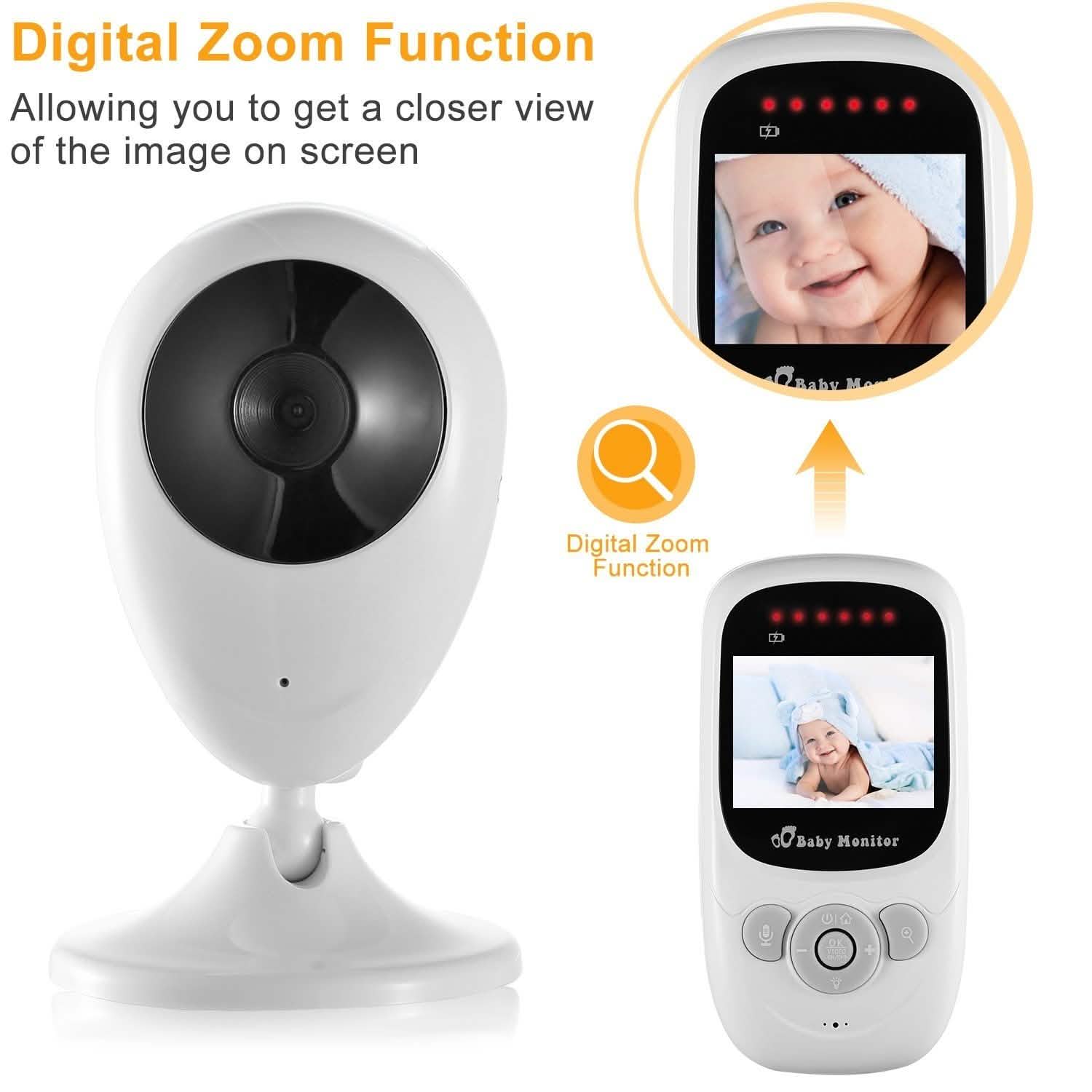 White camera and handheld baby monitor units, handheld screen showing baby close-up