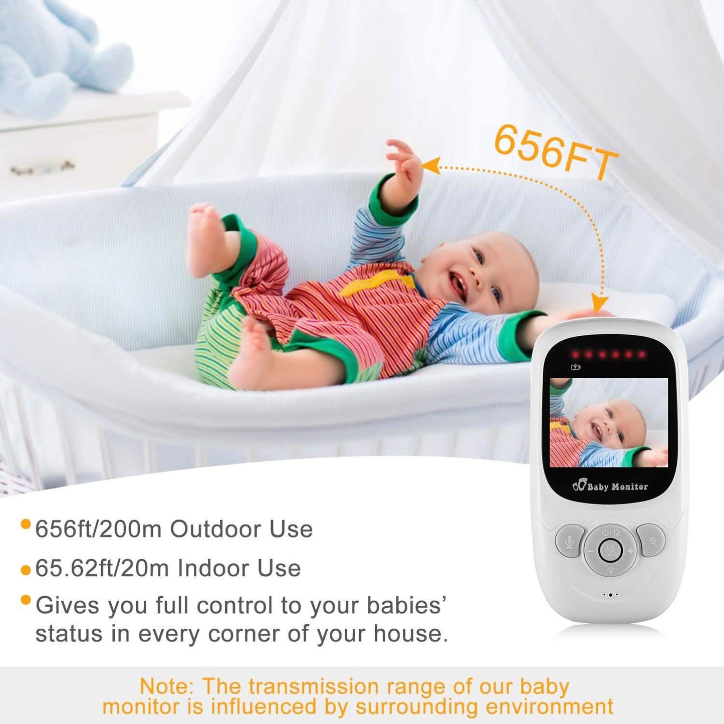 White handheld video baby monitor showing nursery feed next to a sleeping baby
