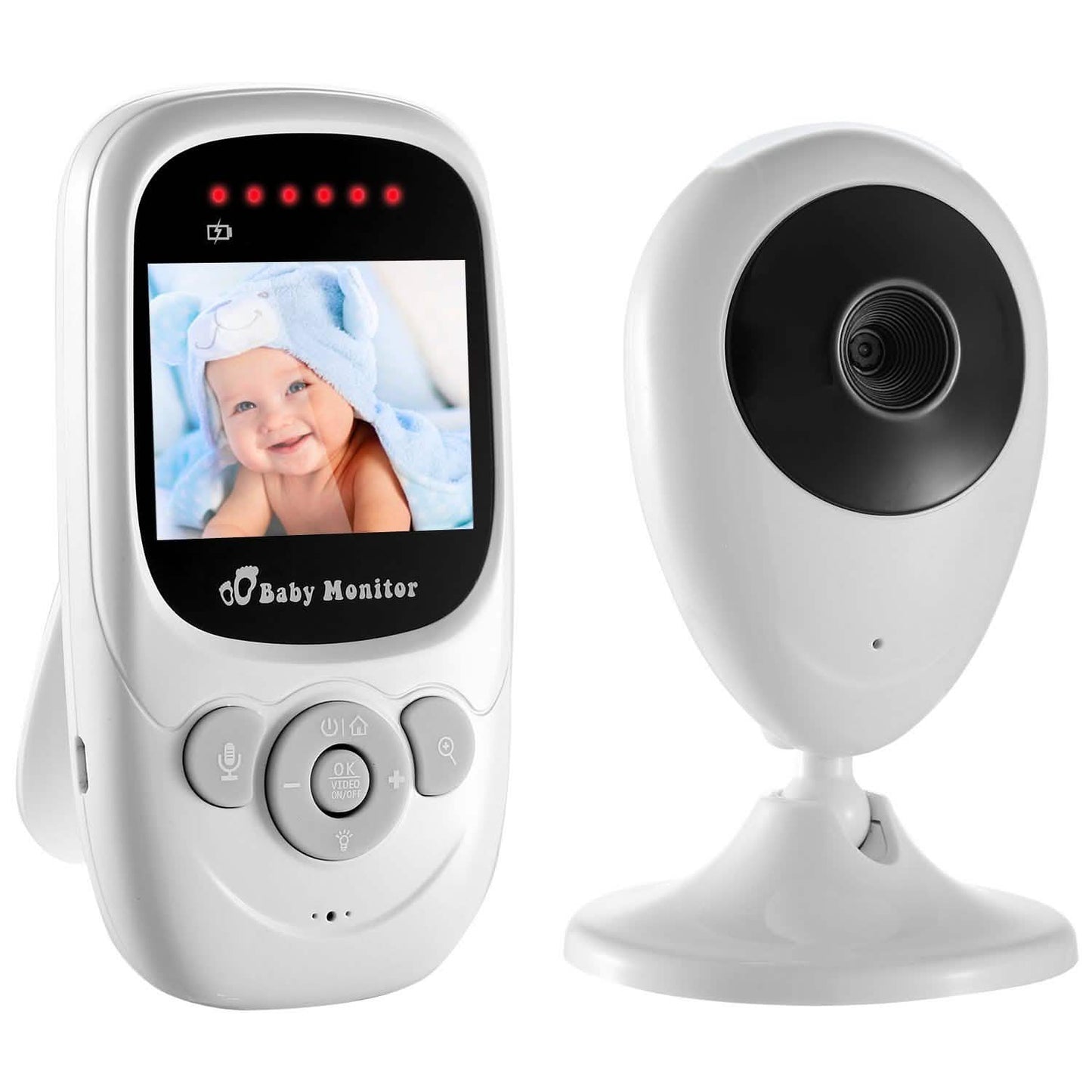 White handheld video baby monitor with screen and control buttons