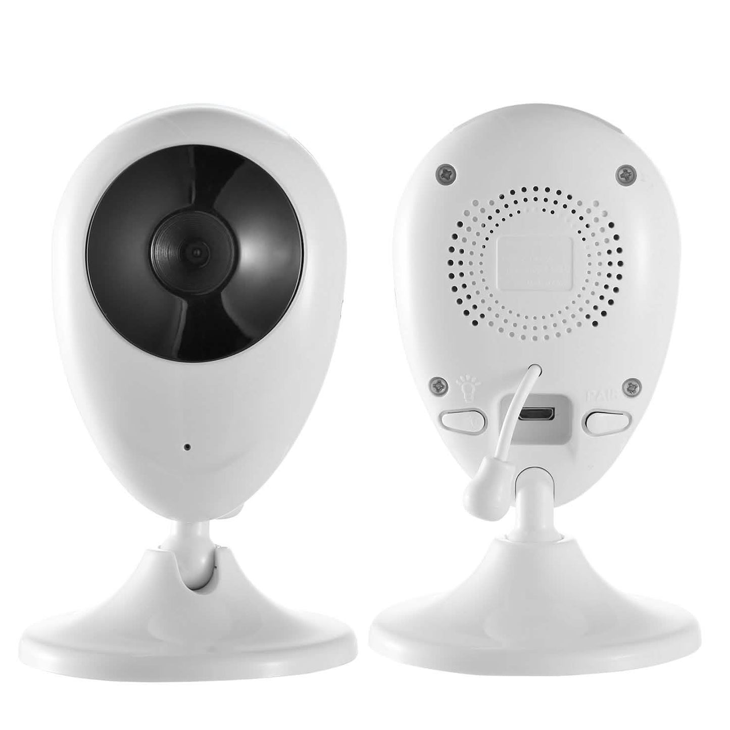 White baby monitor camera unit and parent unit back panels with speaker and ports