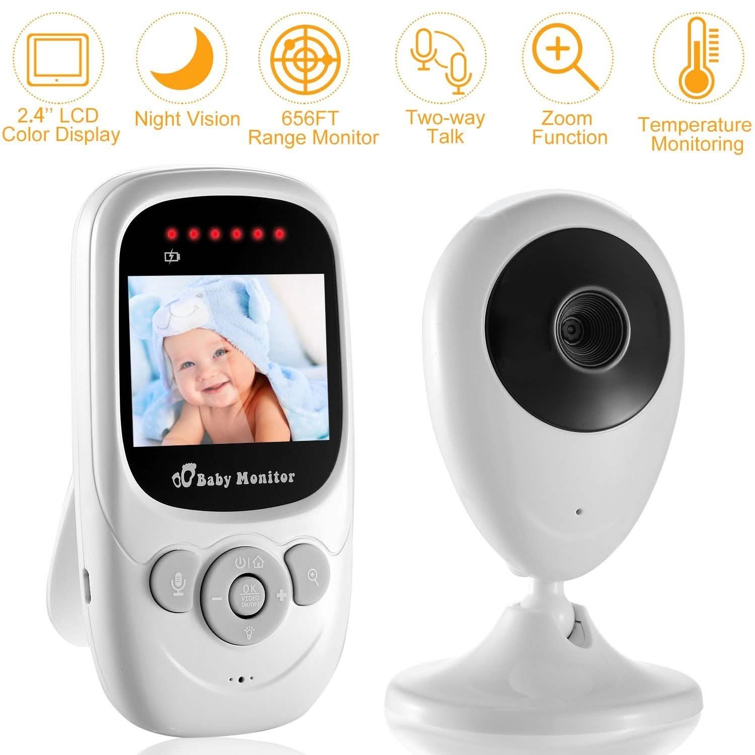 White baby monitor pair with handheld unit and camera unit on stand, front views