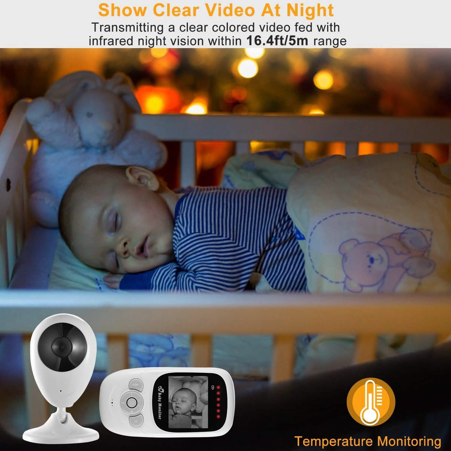 White baby monitor camera with round lens on stand and handheld display
