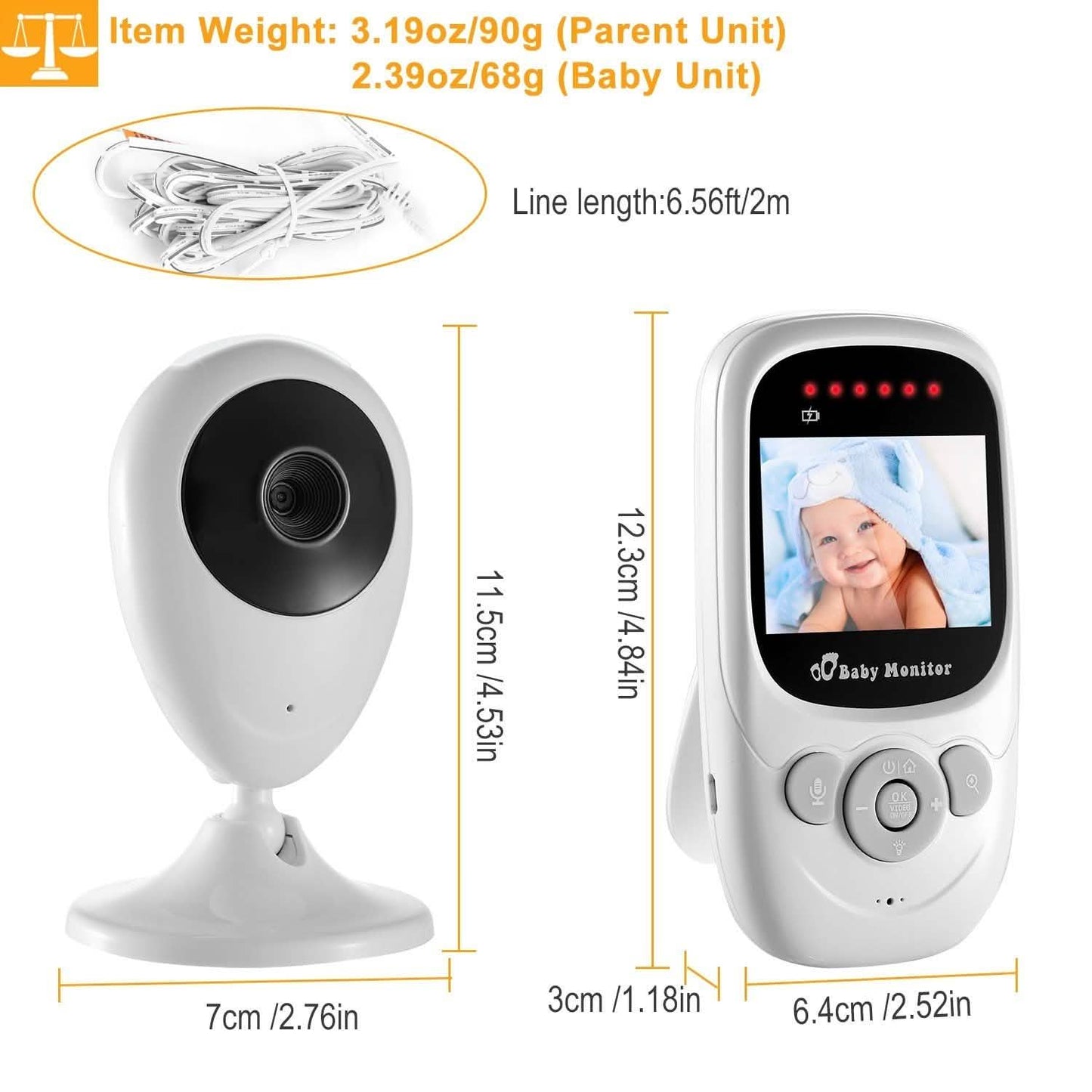 White baby monitor handheld unit and camera with connected cable