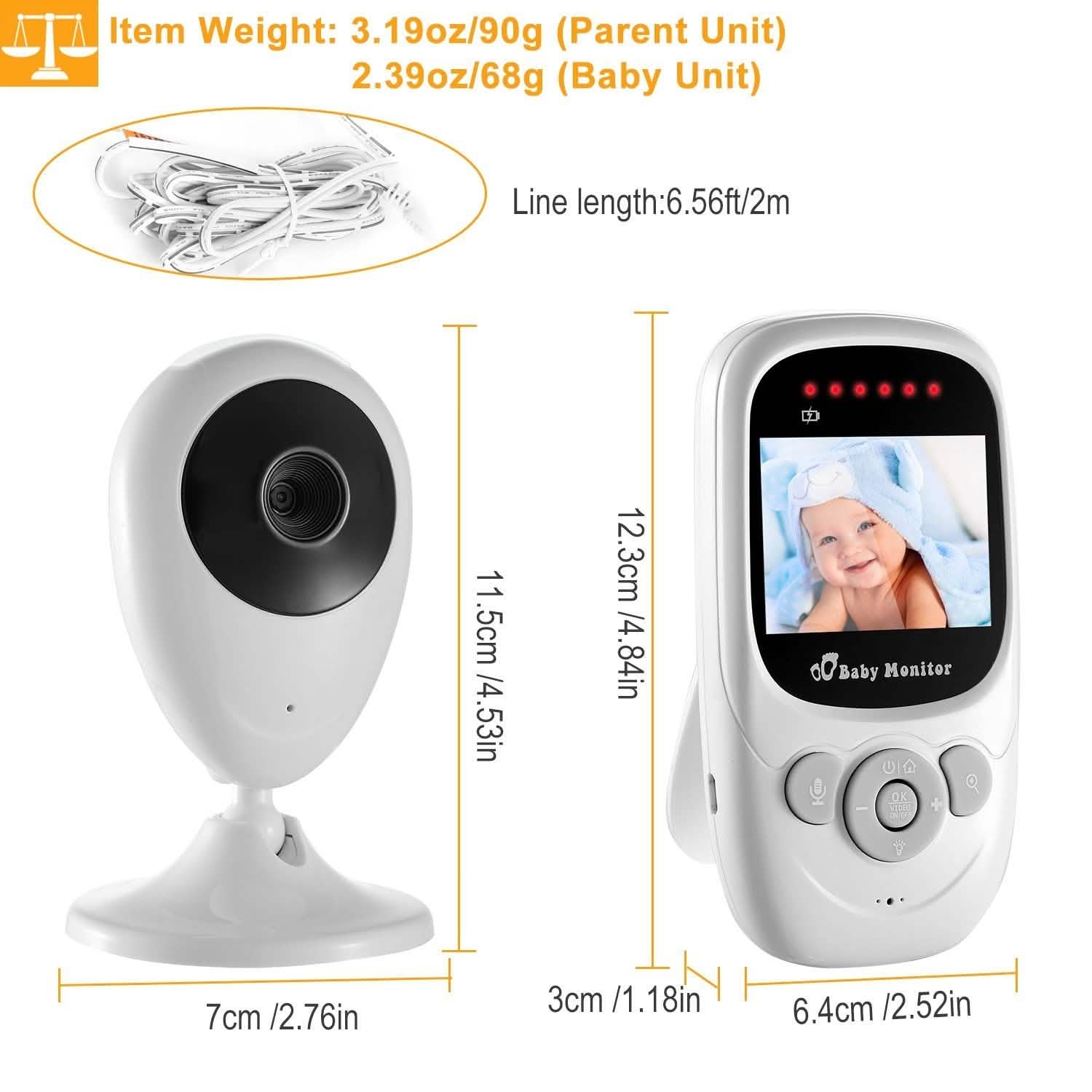 White baby monitor handheld unit and camera with connected cable