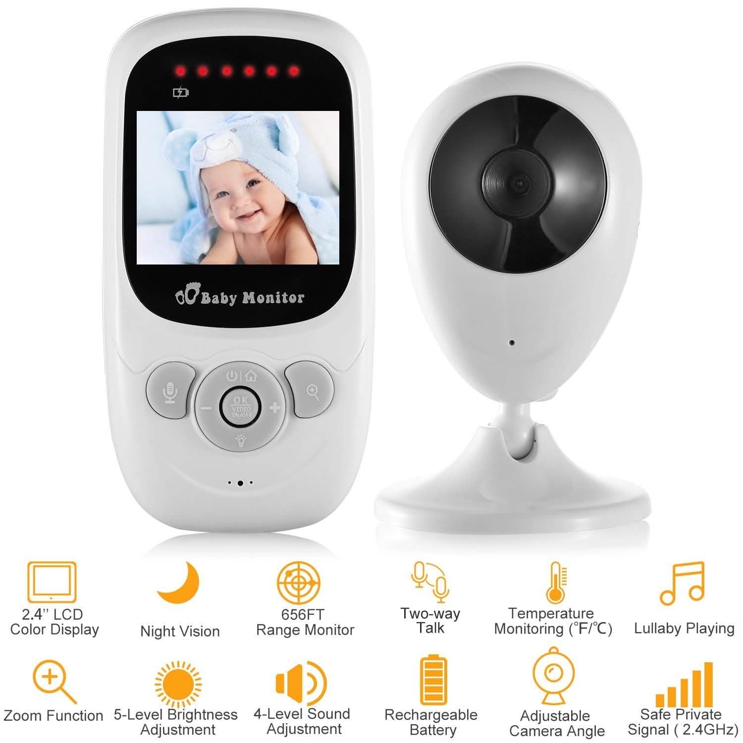 White handheld video baby monitor with screen and red status LED lights