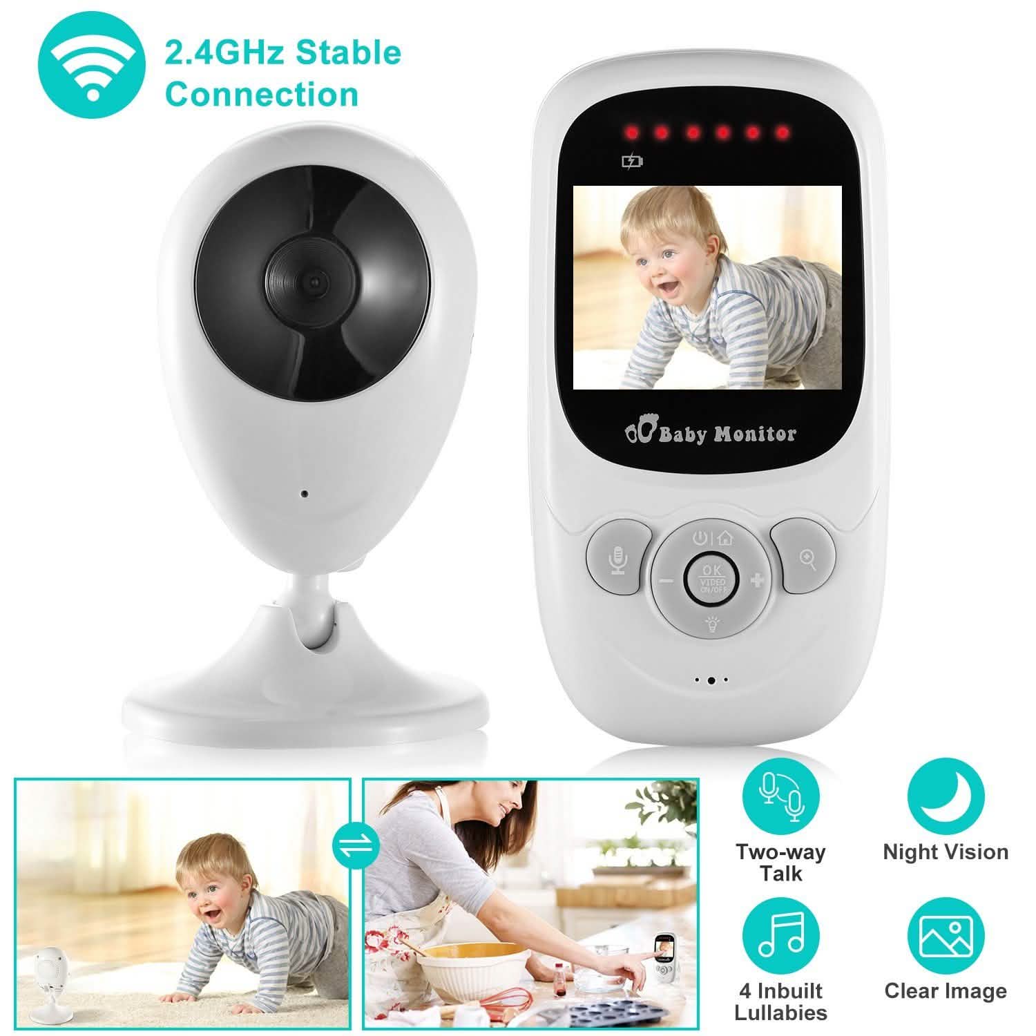 White baby video monitor with camera unit on stand and handheld unit with controls